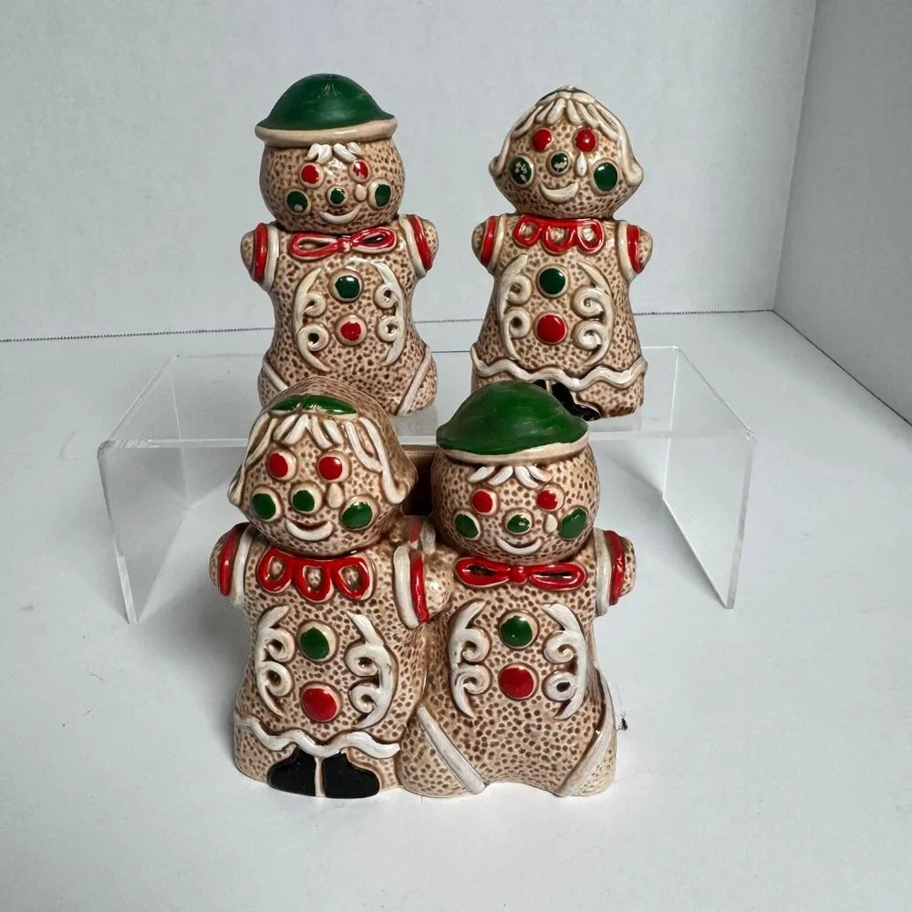 Vintage Gingerbread Man Woman Salt Pepper Shakers & Napkin‎ Holder Japan Ceramic